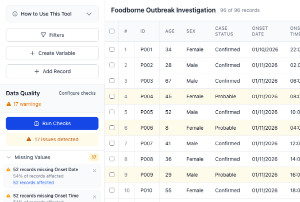 A line list beside the Data Quality panel, which reports 17 warnings and highlights the affected rows