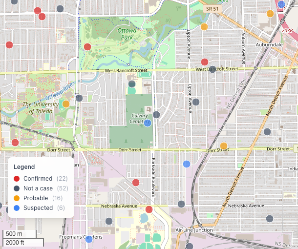 A spot map of synthetic case locations coloured by classification, with jittering applied for privacy