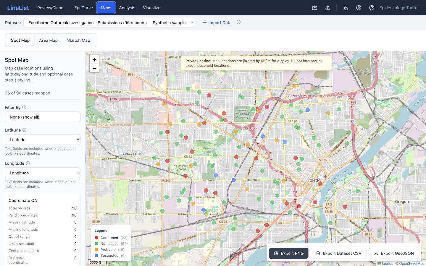 Synthetic foodborne outbreak spot map with jittered case locations colored by classification and map export controls